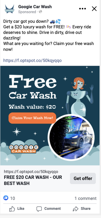 Facebook ad example - Googie Car Wash