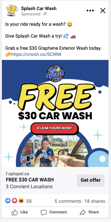 Facebook ad example - Splash Car Wash